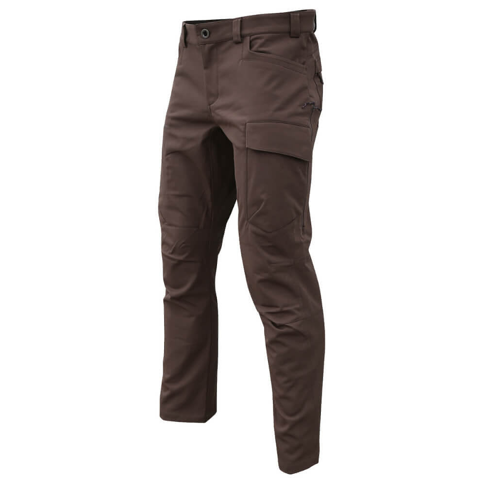 A pair of dark brown tactical cargo pants shown on a ghost mannequin against a plain white background.