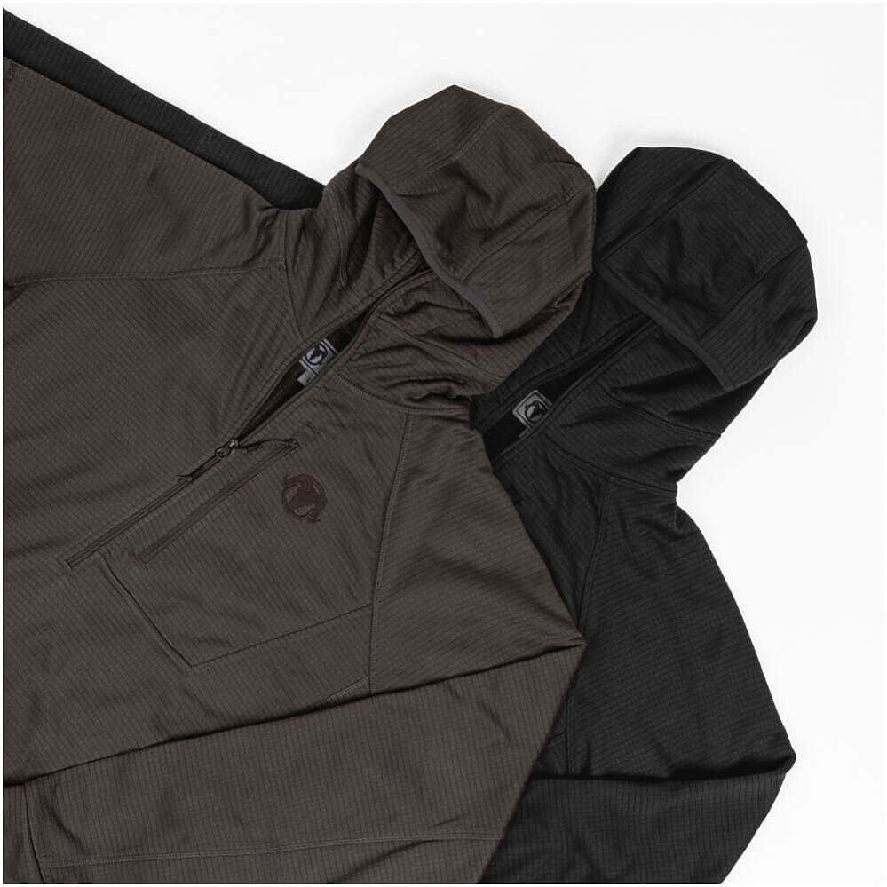 Two hooded jackets laid flat on a white background, one in dark brown and one in black, both showing a quarter-zip front, hood, and a small circular logo on the chest.