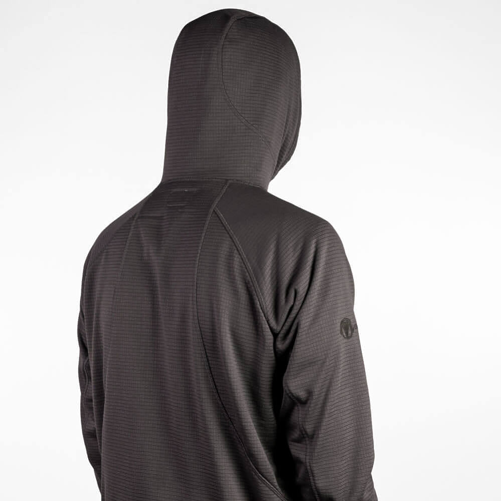 A dark gray hooded jacket shown from the back, featuring a subtle textured pattern and a small circular logo on the left sleeve, set against a plain white background.