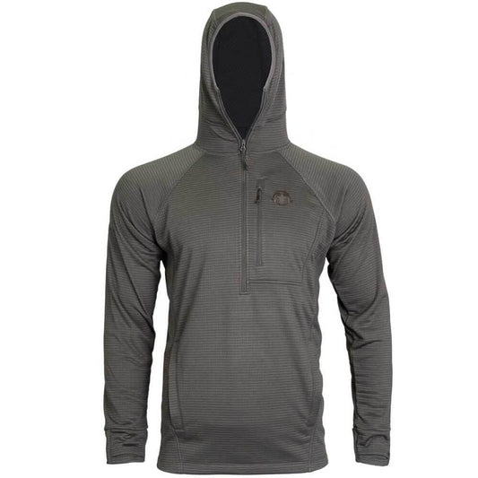A dark gray hooded quarter-zip pullover with a subtle horizontal textured pattern, featuring a zippered chest pocket and a small circular logo on the left chest, displayed on a white background.