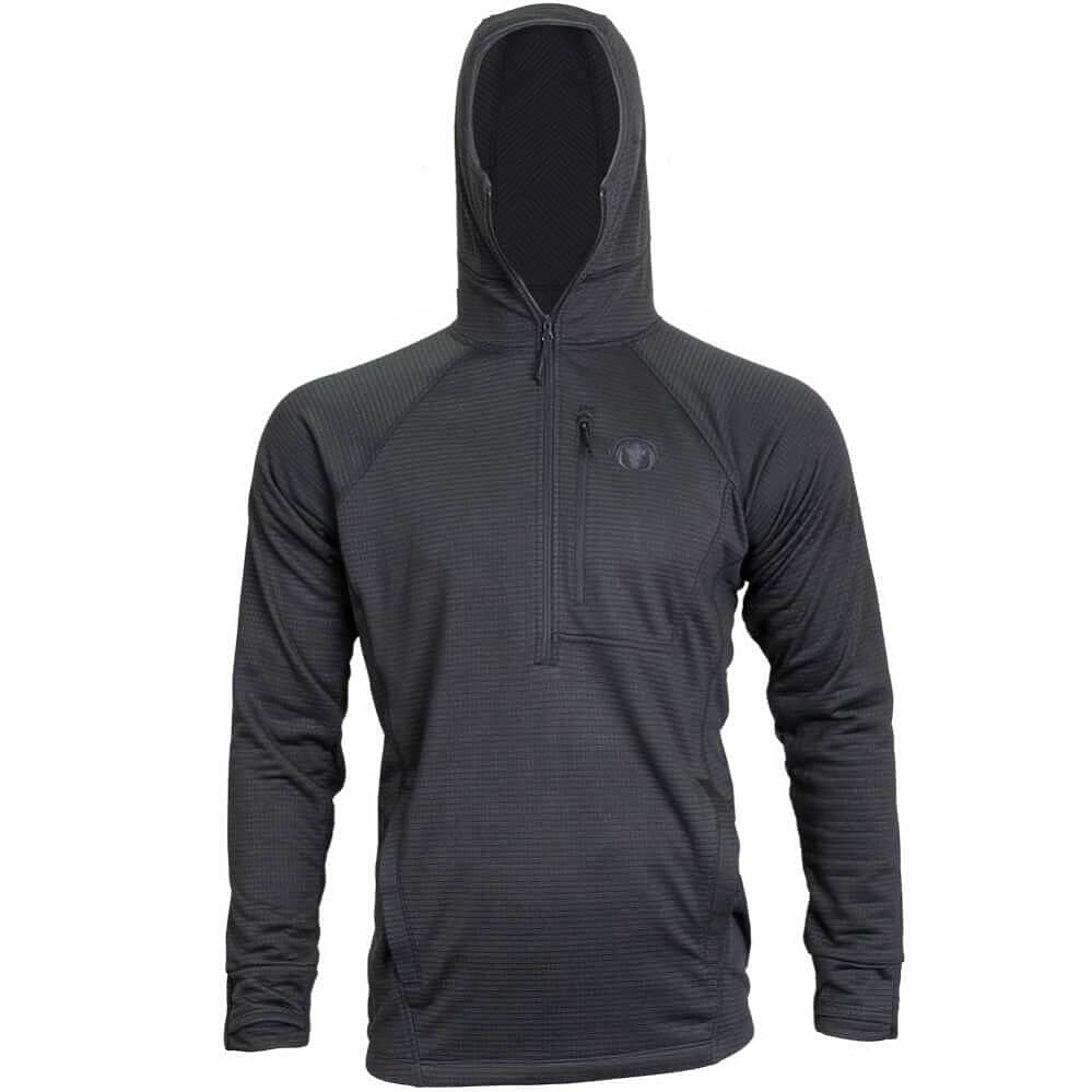 A dark gray long-sleeve quarter-zip pullover hoodie with a subtle textured pattern, shown on a plain white background.