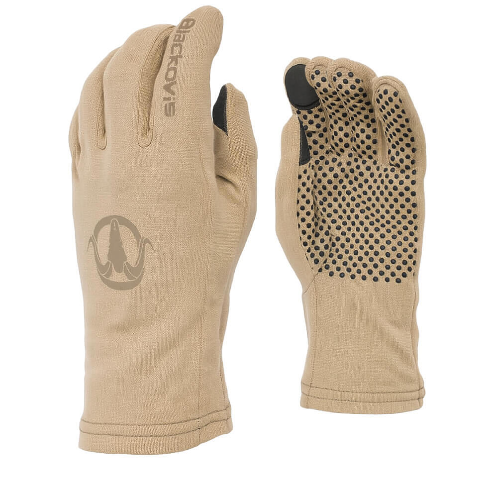 A pair of beige insulated gloves shown against a white background, with one glove displaying the back and the other showing the palm. The palms feature black grip dots, and the brand name 'BlackCoyote' is printed vertically on the back of the left glove.
