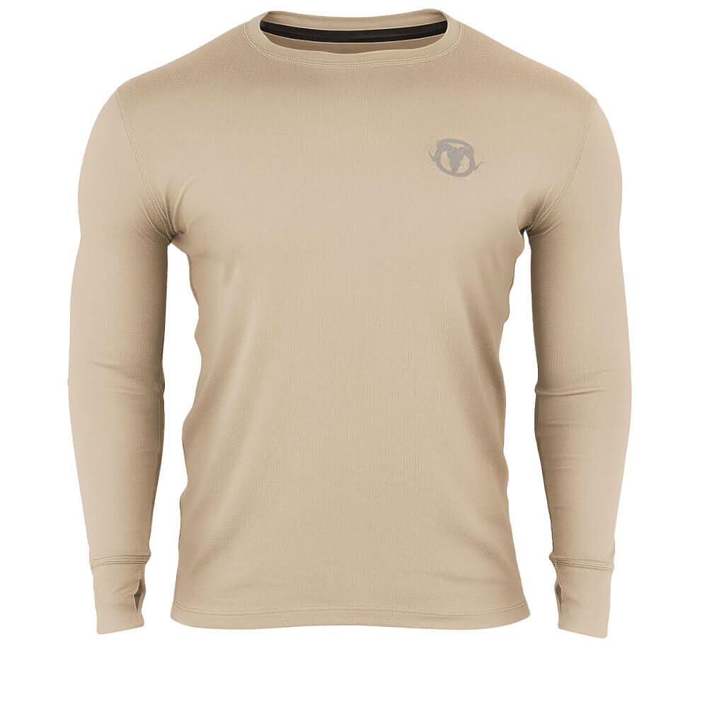 A beige long-sleeve performance shirt with a small gray logo on the left chest, displayed on a clean white background.