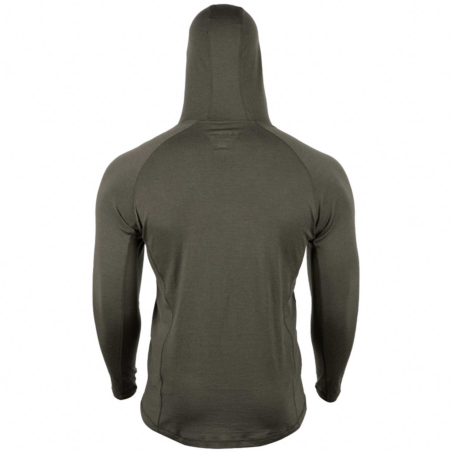 A men's long-sleeve hooded shirt shown from the back, in a solid dark olive green color, displayed on a headless mannequin against a plain white background.