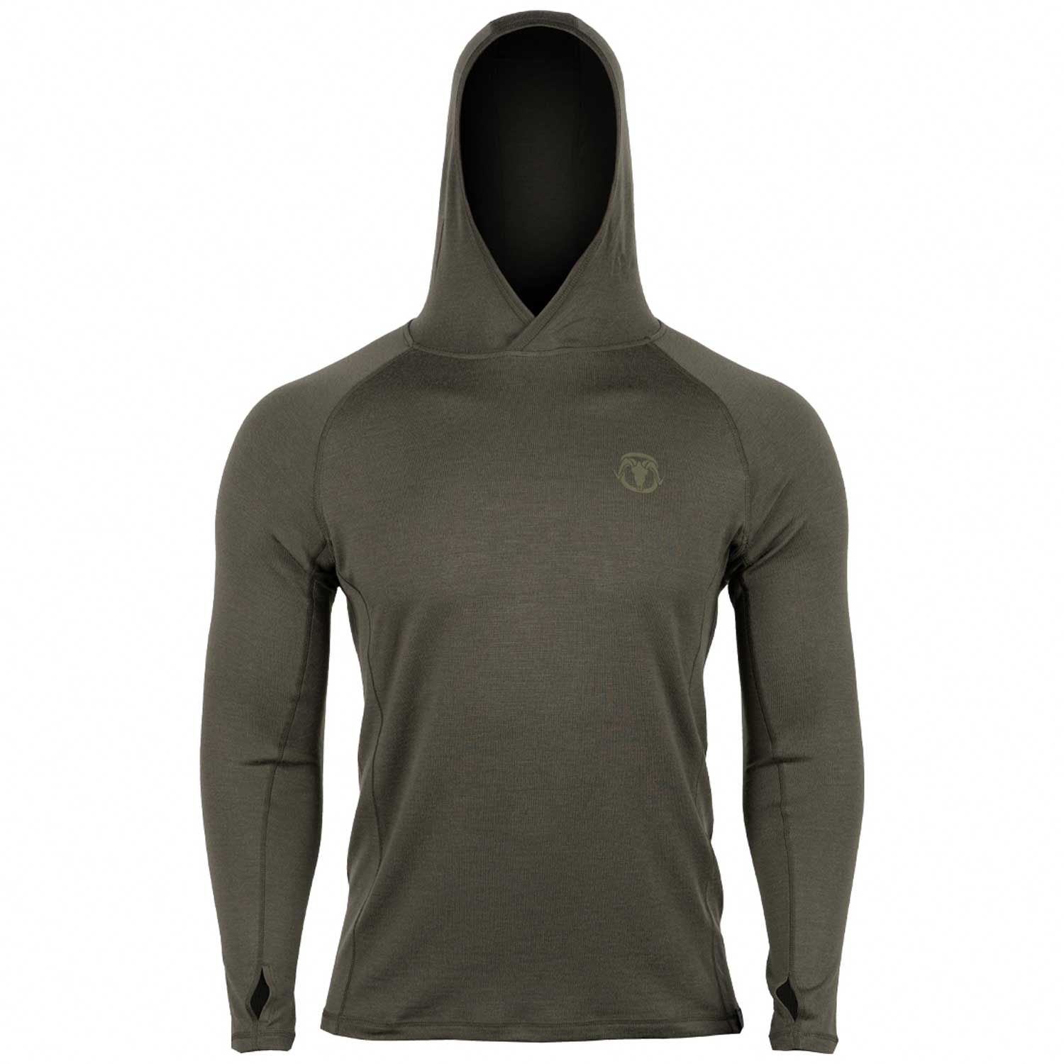 An olive green long-sleeve hooded shirt with a small circular logo on the left chest, displayed on a headless mannequin against a plain white background.