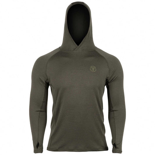 An olive green long-sleeve hooded shirt with a small circular logo on the left chest, displayed on a headless mannequin against a plain white background.