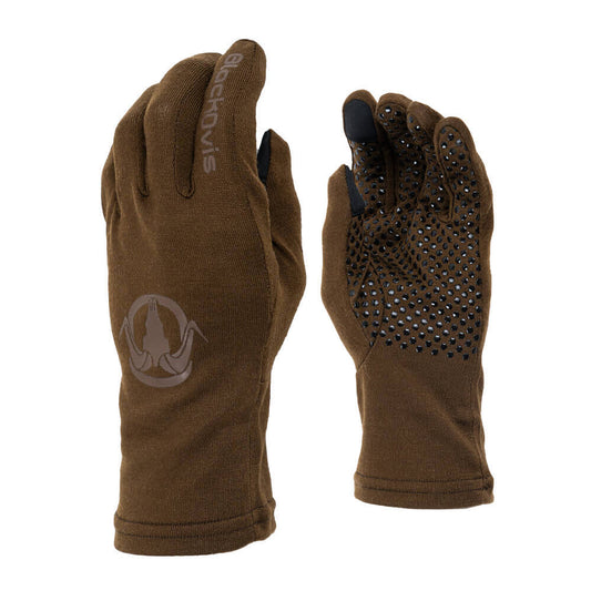 A pair of brown insulated gloves shown against a white background, with one glove displaying the back and the other showing the palm side with textured grip dots.