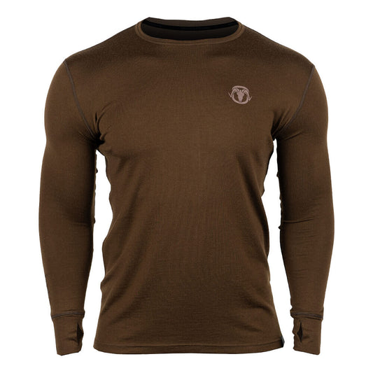 A brown long-sleeve technical performance shirt with a crew neck and a small circular logo on the left chest, displayed on a ghost mannequin against a plain white background.