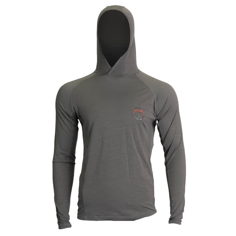 A dark gray long-sleeve hooded shirt with a small circular logo on the left chest, displayed on a white background.