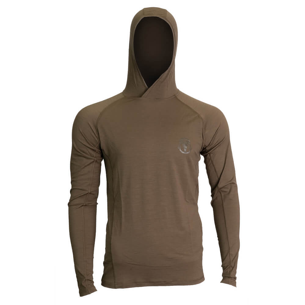 A long-sleeve hooded performance shirt in a solid olive-brown color, shown on a ghost mannequin against a plain white background.
