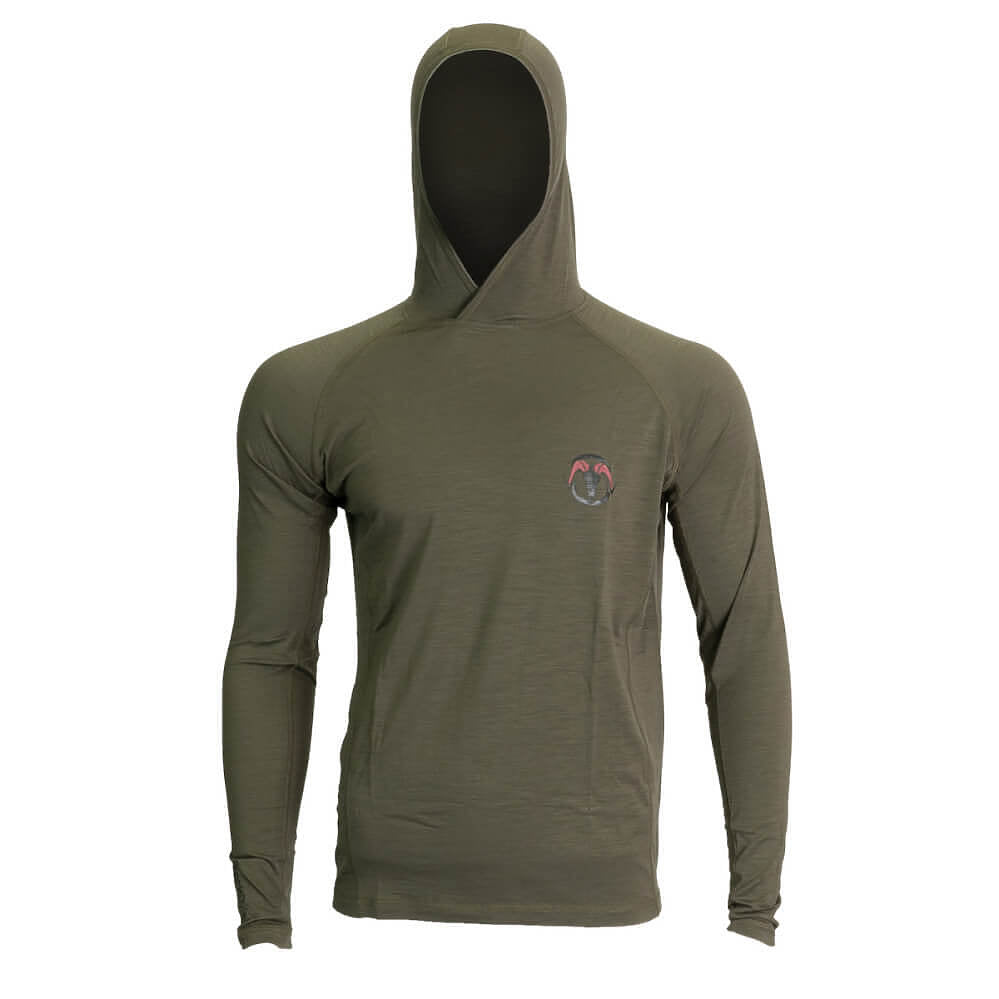 An olive green long-sleeve hooded shirt with a small circular logo on the left chest, displayed on a headless mannequin against a plain white background.