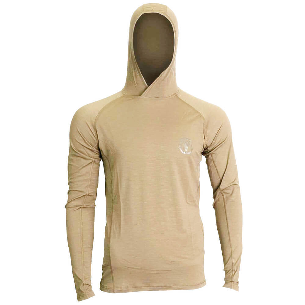 A men's long-sleeve hooded shirt in a light khaki-beige color, displayed on a headless mannequin torso against a plain white background.